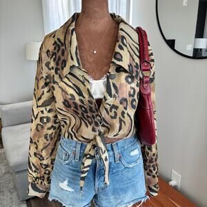 90s Vintage Melissa Robyn Animal Print Semi Sheer Tie Front Blouse Size Medium